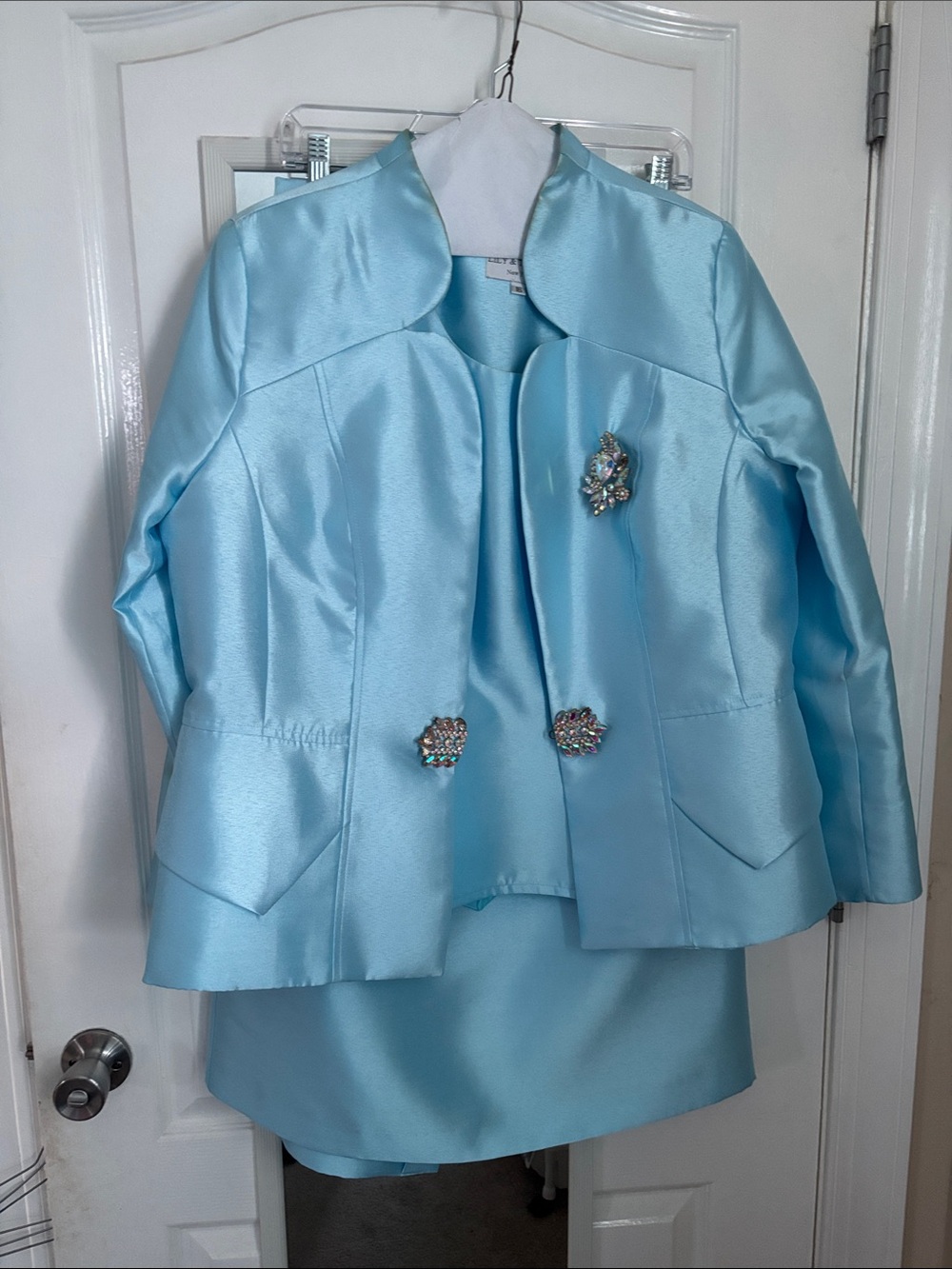 Light Blue Satin Two-Piece Dress Suit with Embellished Buttons